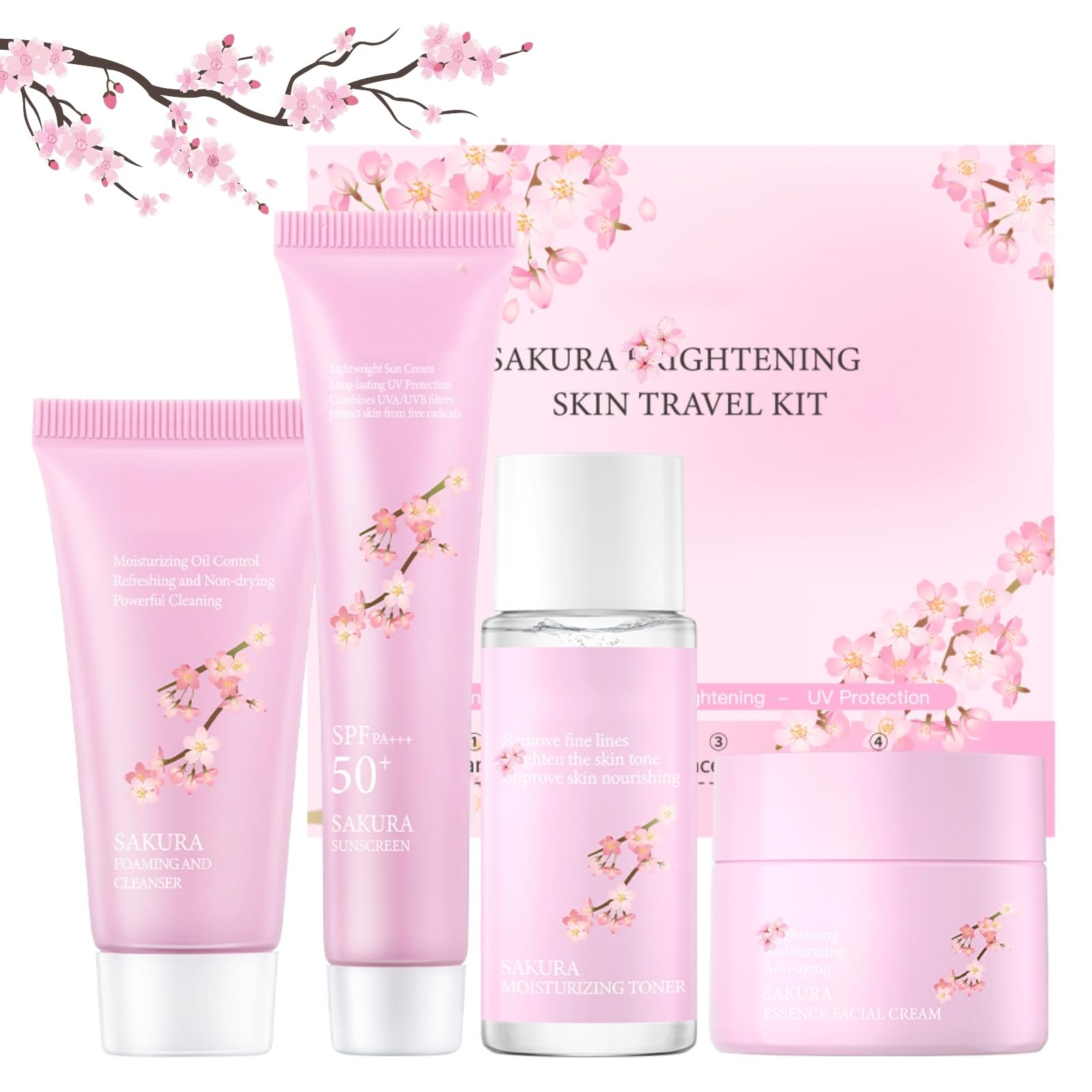 Sakura Anti-Aging 4pcs Reisegröße Gesichtspflege Set, Geschenk für Frauen und Teenager Girls, SPF 50+ Sonnenschutz in Ei