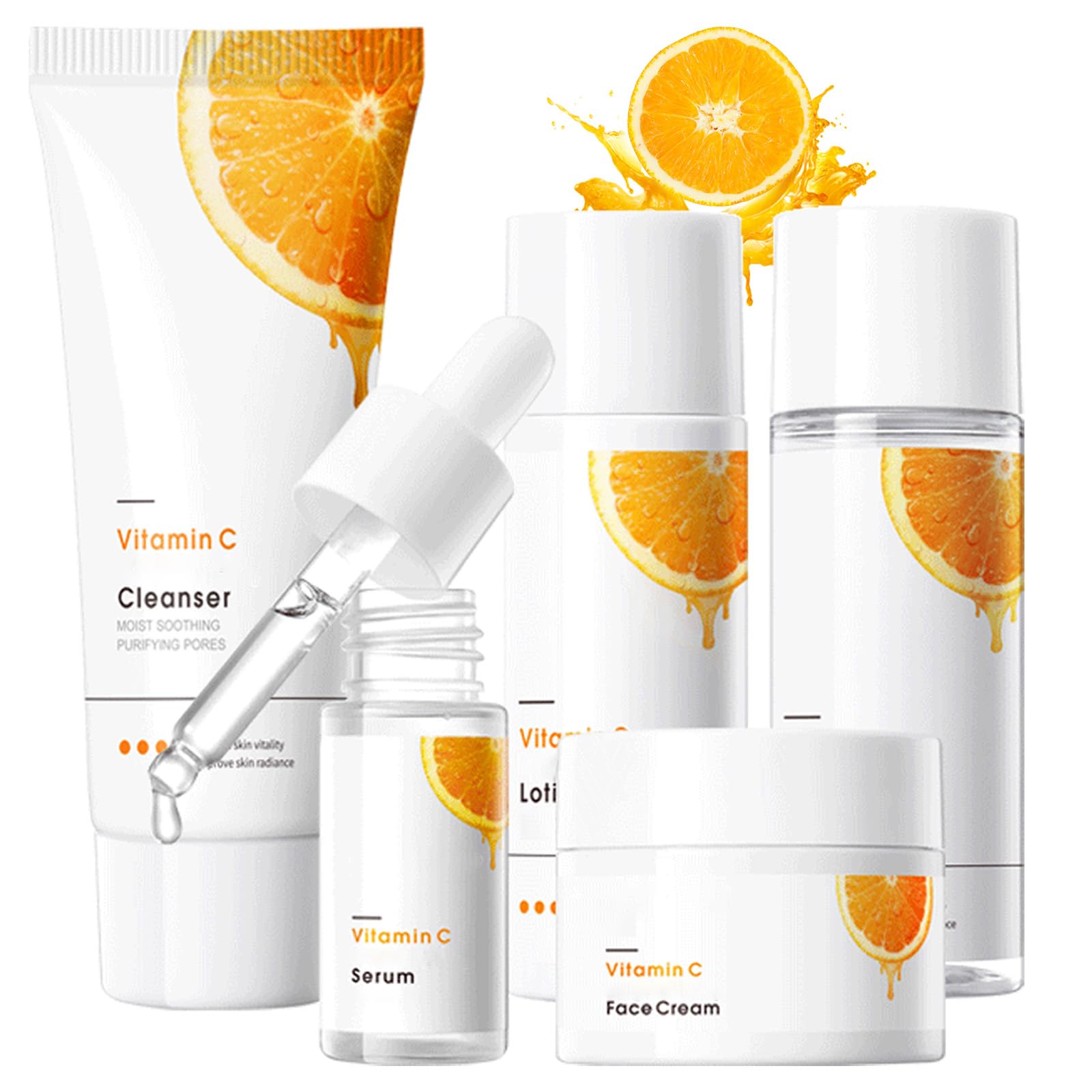 5PCS Vitamin C Gesichtspflege Set, Feuchtigkeitspflege für Damen & Tagespflege mit Reiniger, Gesichtswasser, Serum & Cre