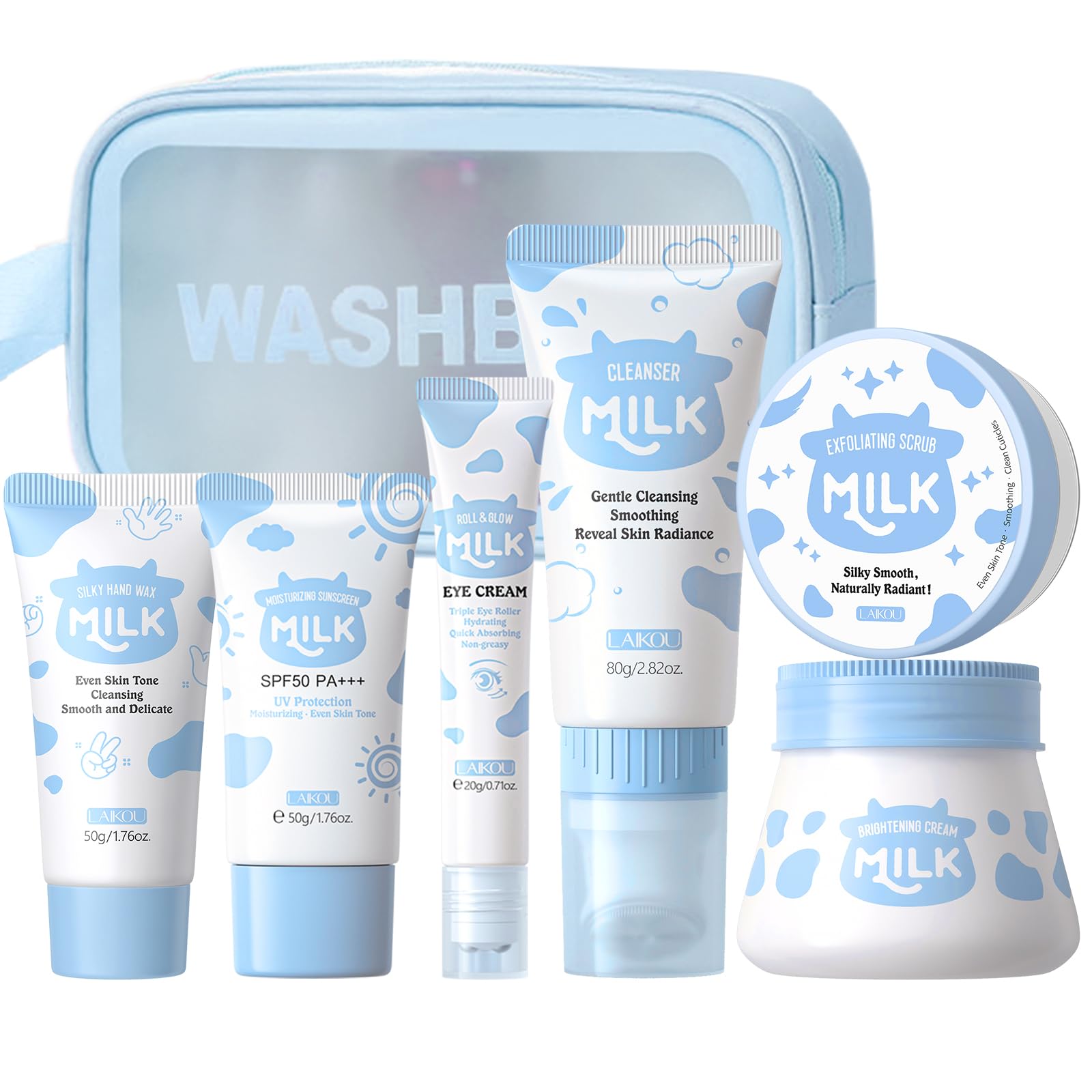 LAIKOU Milch Gesichtspflege Set Für Teenager Mädchen, Mit Gesichtsreiniger, Augencreme, Sonnencreme, Hautfeuchtigkeitspf