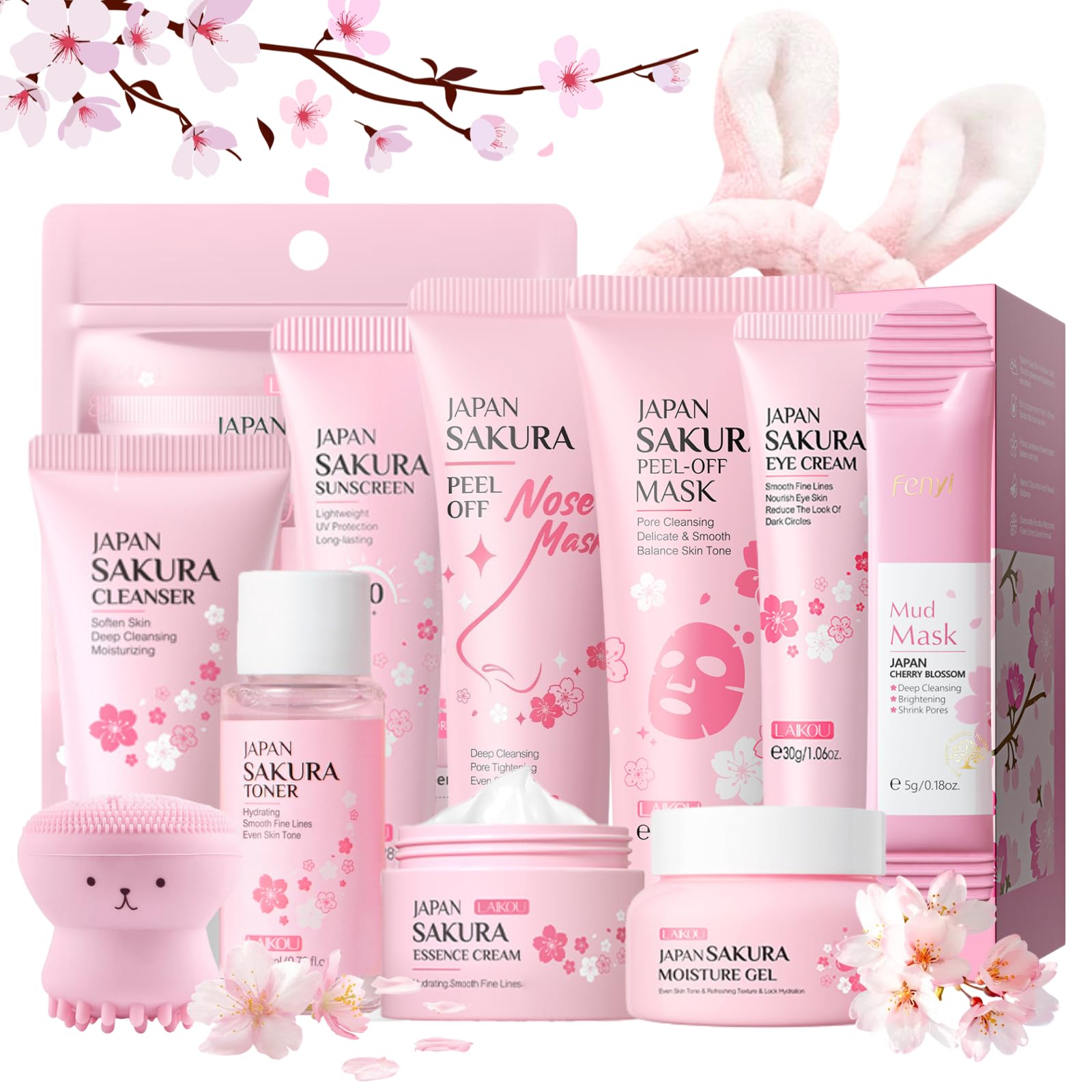 Sakura Skincare Set für Frauen - Anti-Aging Reiniger, Creme, Toner, Maske und Sonnencreme - Geschenkset für Teenager und