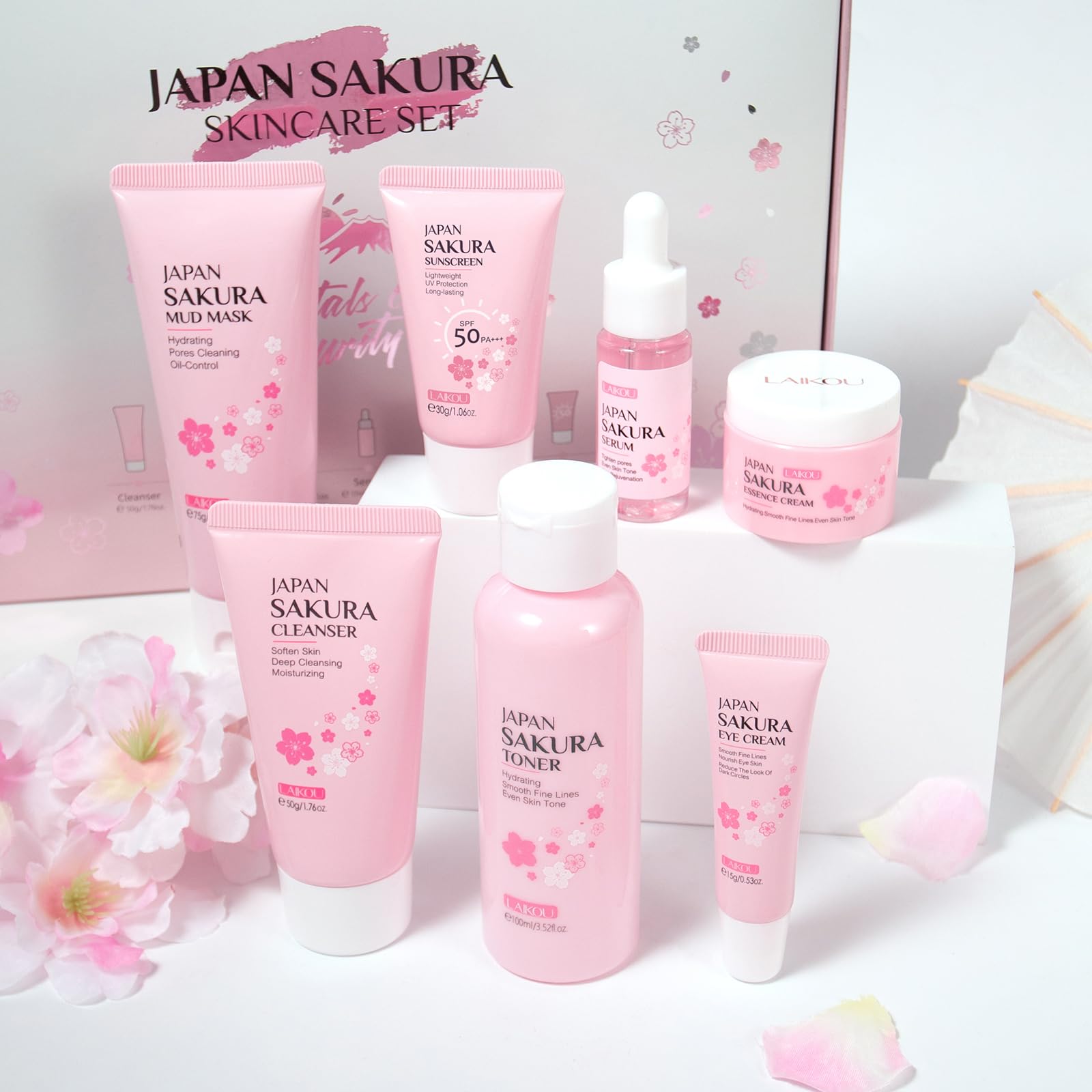  LAIKOU Sakura Gesichtspflege Skincare Set für Reisende mit Gesichtsreiniger, Schlammmaske, Toner, Serum, Augencreme und