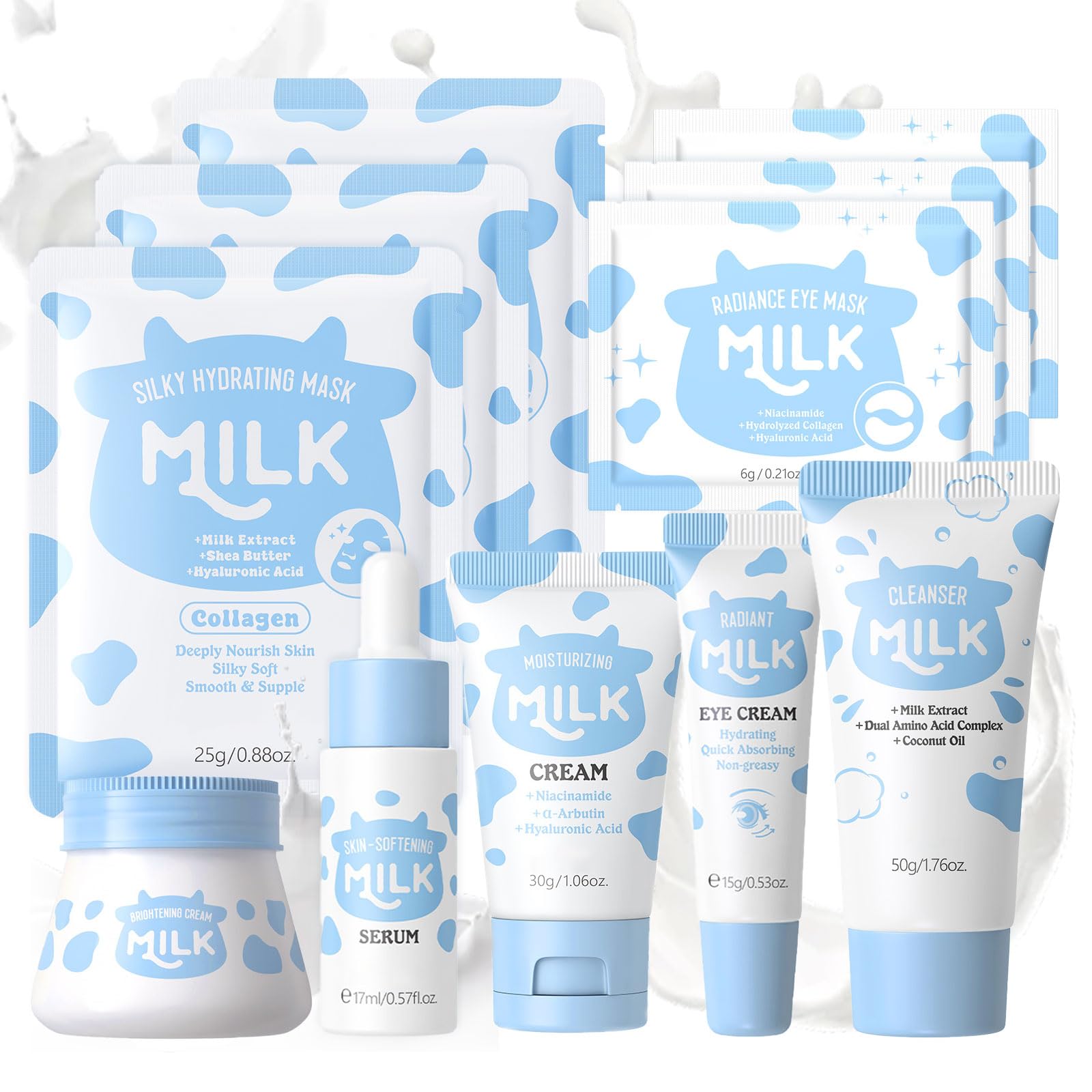 Milch Gesichtspflege Skincare Set für Damen mit Serum, Augencreme & Mask, Tiefe Feuchtigkeit erhohen, Geschenkidee