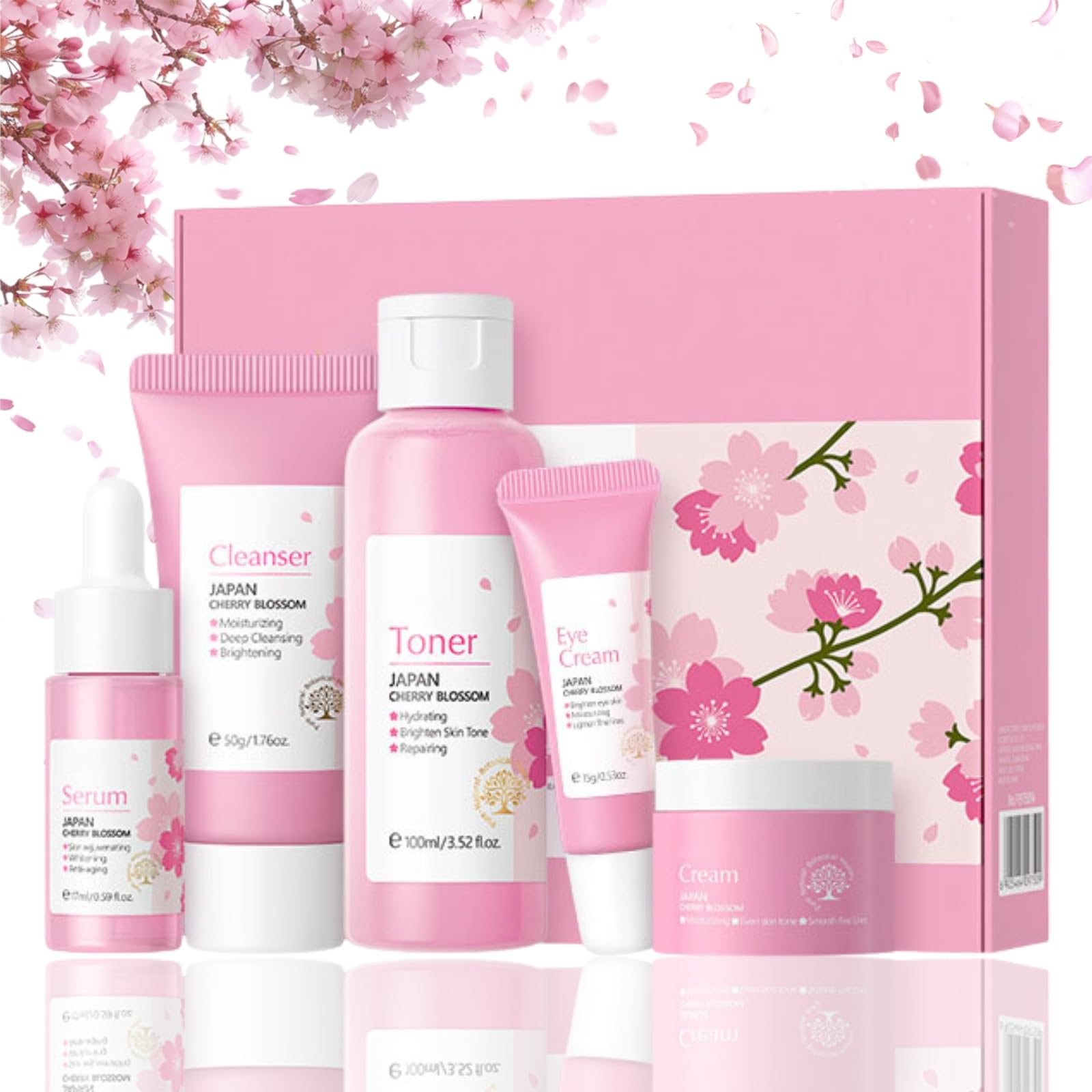 Sakura Skincare Set für Frauen - Reiniger, Serum, Gesichtswasser, Augencreme, Gesichtscreme - Geschenkset für Mädchen - 