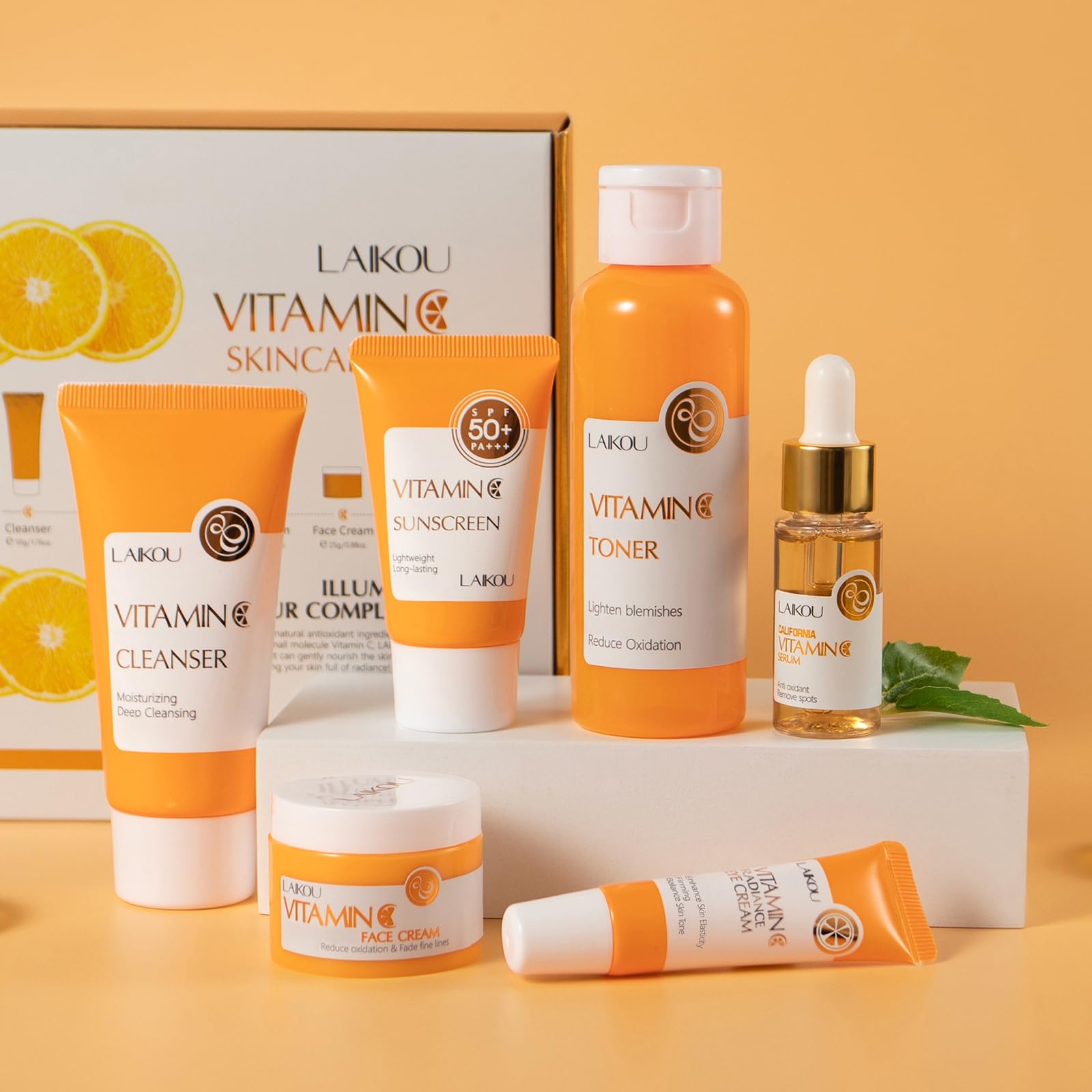 LAIKOU Hautpflege Geschenkset für Frauen und Männer - Vitamin C Serum, Reinigung, Toner, Augencreme & Gesichtscreme, Son